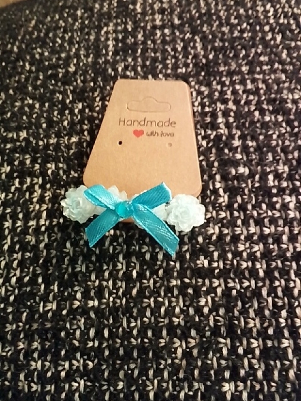 Hand Crafted Teal Ribbon Bow Hair Clip with White Flower Accents